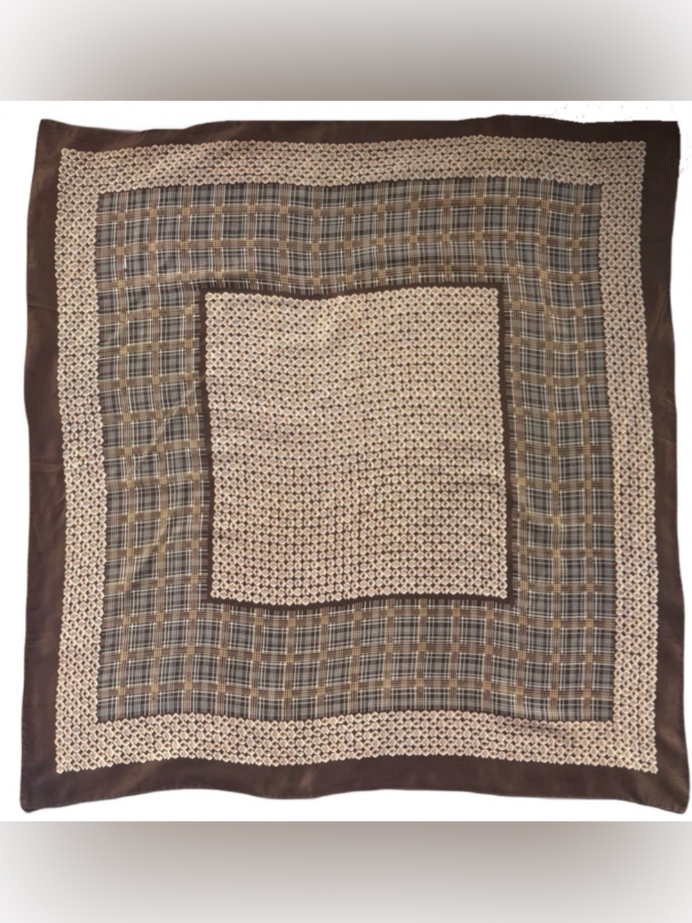 Vintage Brown Geometric Pattern 100% Silk Scarf 30.5” x 32.5”